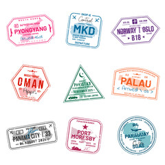 Set of travel visa stamps for passports. Abstract international and immigration office stamps. Arrival and departure customs visa stamps to country. Vector - obrazy, fototapety, plakaty
