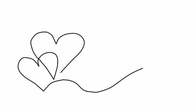 Two hearts are drawn with line. Continuous one line drawing animation of two hearts on white background. Hearts as a symbol of love. Animation video.