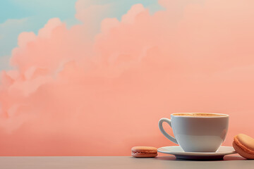 Coffee cup with macaroons on pastel background with clouds