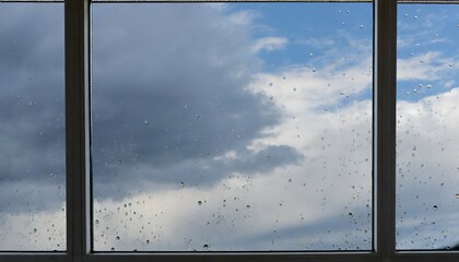window raindrops on surface against blue cloudy sky after storm rainy weather