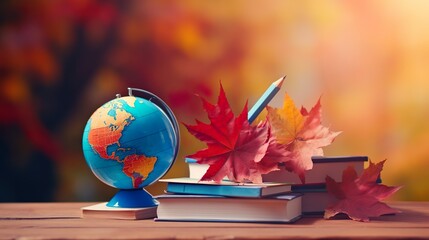 globe and books stack of books and autumn leaves - obrazy, fototapety, plakaty