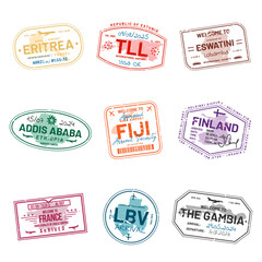 Set of travel visa stamps for passports. Abstract international and immigration office stamps. Arrival and departure customs visa stamps to country. Vector