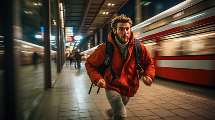 The man is late for the train. - obrazy, fototapety, plakaty