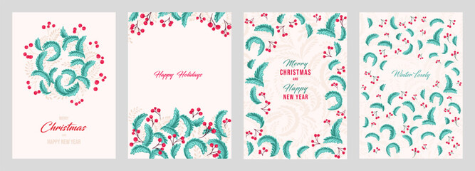 Set greeting cards Merry Christmas, Happy New Year with vector hand drawn floral background. Winter Holidays template with copy space. Trendy retro style.  Illustration of printing