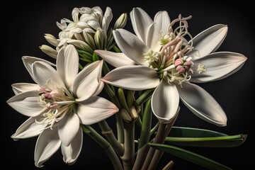 Beautiful white lilies on solid color background, closeup. Floral decor. ai generative