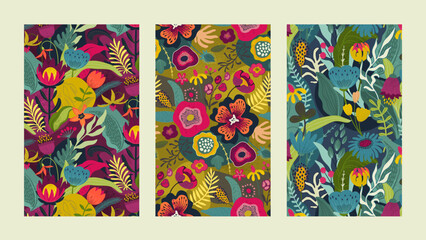 Set of three vector seamless pattern with bright flowers and leaves. Endless floral background.