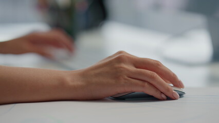 Developer hands coding keyboard light interior close up. Woman working computer