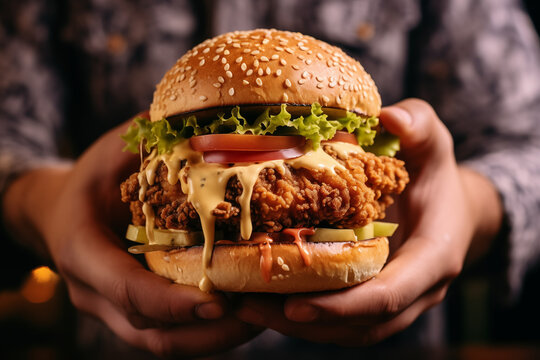 close up a person holding up a chicken burger with a crispy coating, in the style of elaborate detailing