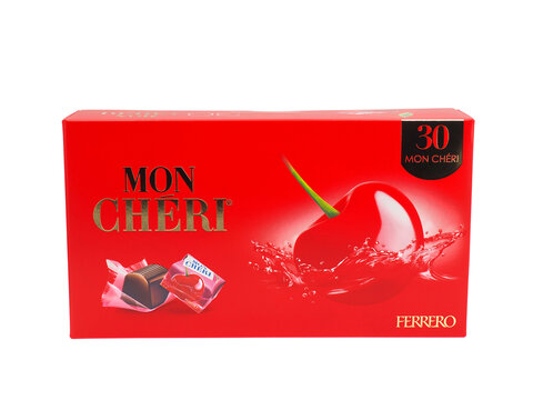 ROME, ITALY - NOVEMBER 20, 2023. Mon Chéri chocolate box isolated on white background. Mon Chéri is an internationally known brand name of the Italian Ferrero company.