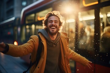 A happy man is stopping a bus on a city street - obrazy, fototapety, plakaty