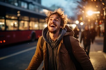 A happy man is stopping a bus on a city street