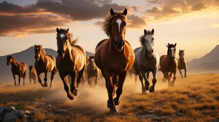 A majestic herd of wild horses galloping freely through - obrazy, fototapety, plakaty