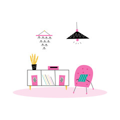 Obraz premium Music room interior with armchair, decorations and house plant. Modern flat style vector illustration.
