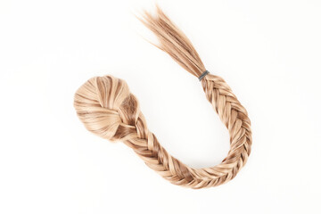 Natural looking shiny hair braided in pigtail isolated on white background