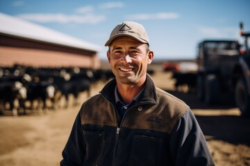 A proud livestock worker stands in front of the barns - obrazy, fototapety, plakaty