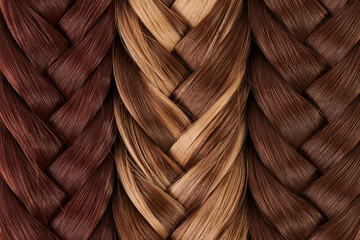 Natural looking shiny hair braided in pigtail of different colors closeup background