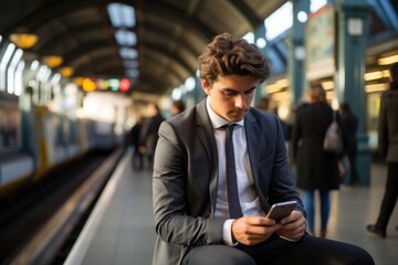 young elegant businessman is leaning on a pillar at station and waiting for transport while using his phone.
