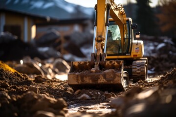 Fototapeta premium Close up of a digger digging foundation at construction site.