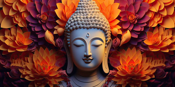 the glowing golden 3d buddha face and colorful flowers with gold style on abstract background