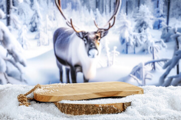 Table covered with snow and frost, place for your product, wooden podium and Christmas decoration,...