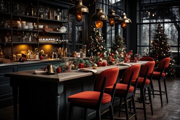 Fototapeta na wymiar Cozy open plan kitchen decorated for Christmas. Interior design