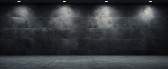 Dark Empty Loft Room with Black Brick Wall, Tile Floor And Spotlights. Industrial Studio Interior With Copy Space - obrazy, fototapety, plakaty