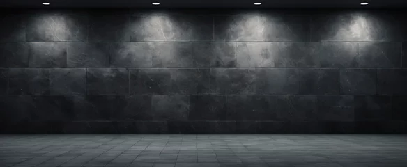 Deurstickers Dark Empty Loft Room with Black Brick Wall, Tile Floor And Spotlights. Industrial Studio Interior With Copy Space © sweet_mellow