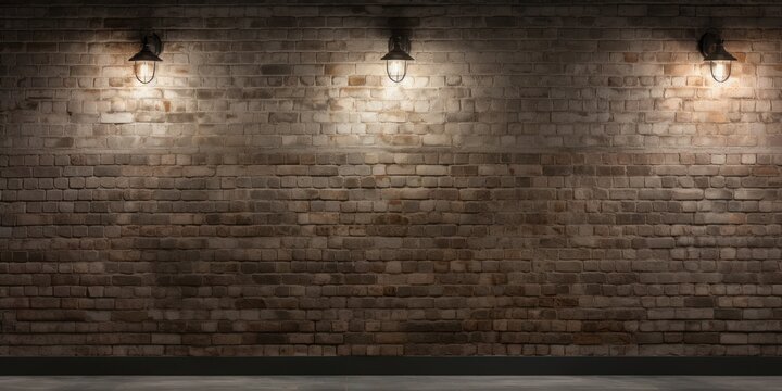 Old Brick Wall Texture with Grunge Stone and Retro Bulb Light in Antique Room. Vintage Brickwork
