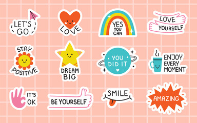 Vector motivational sticker pack. Cute sticker set with positive phrases. Motivation stickers for planner. - obrazy, fototapety, plakaty