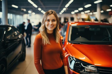 Friendly, smiling female seller showing brand new car