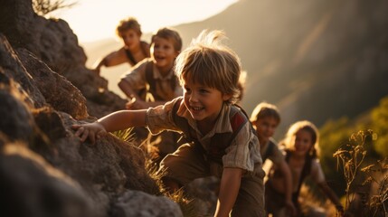 Girls and boys climb mountains on a sunny morning - obrazy, fototapety, plakaty
