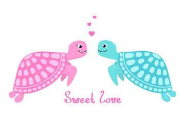 Cute cartoon couple of turtles in love. Valentine card with inscription: sweet love. 