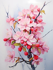 A Painting Of Pink Flowers On A Branch - Fresh pink soft spring apple tree blossoms on white