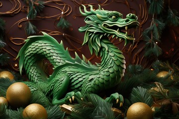 Fototapeta premium Year of the dragon, Chinese style New Year card. The fabulous green wooden dragon. A cute cartoon green dragon.