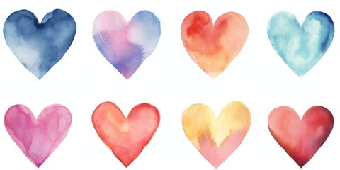 A Collection of Nine Colorful Watercolor Hearts on a Clean White Canvas