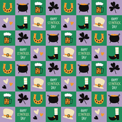 Seamless pattern with St patrick elements on green background. Modern cute background. Vector illustration
