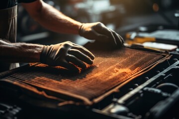 Hands of a mechanic taking out dirty and old air filter in car
