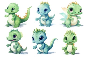 Naklejka premium A Collection of Playful Cartoon Green Dinosaurs in Various Poses