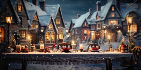 Magical Christmas night. Winter scene with Christmas table