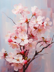 A Painting Of A Branch With Pink Flowers - Fresh pink soft spring cherry tree blossoms on pink