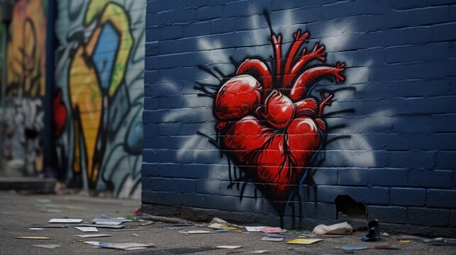 Graffiti on the wall of a building in the heart shape. Street Art Concept.
