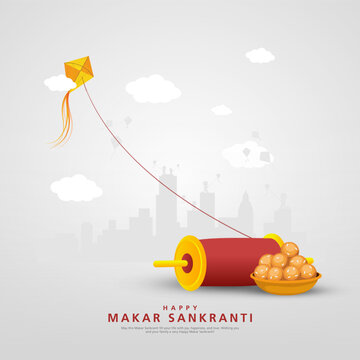 Indian festival Happy Makar Sankranti poster design with kites flying and string spool on cloudy sky. abstract vector illustration design.