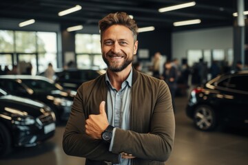 Smiling, friendly car seller standing in car salon and using tablet - obrazy, fototapety, plakaty