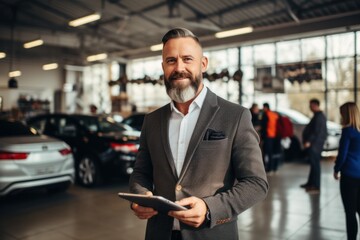 Fototapeta premium Smiling, friendly car seller standing in car salon and using tablet
