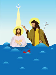 Obraz premium Theophany of the Lord. Saint John he Baptist and Jesus Christ. Vector flat illustration.