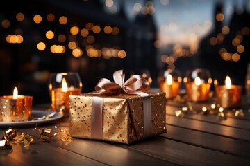 Christmas decoration. Christmas presents in boxes on a wooden background with copy space. Golden baubles. Christmas theme. Presents on a wooden table. Golden and brownish aesthetics.