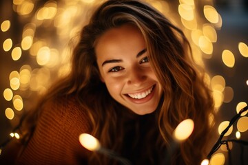 An Individual's Cheerful Portrait Captured while Wrapped in Bright Christmas Lights