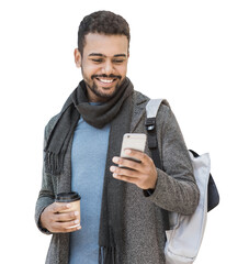 Young handsome man with backpack holding smart phone isolated transparent PNG, Smiling student men...
