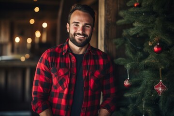 Portrait of a joyful bearded man in a red-green flannel shirt with a wooden backdrop setting the Christmas mood - obrazy, fototapety, plakaty