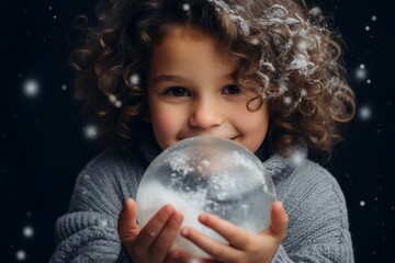 Naklejka premium Festive Holiday Photo of a Child with Curly Hair Captivated by a Snow Globe Against a Winter-Themed Background